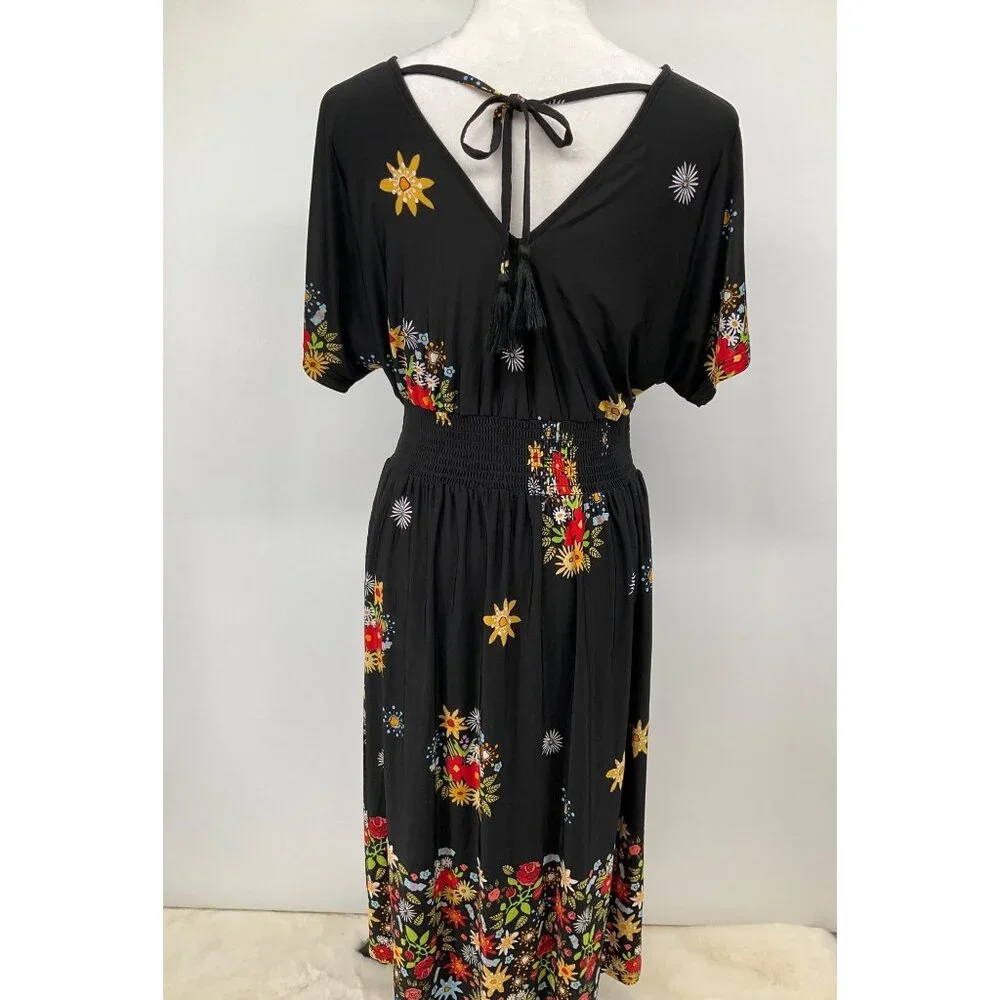 Lildy New Size L/XL Tassel Tie Back Maxi Dress Black Floral Boho - Picture 6 of 10